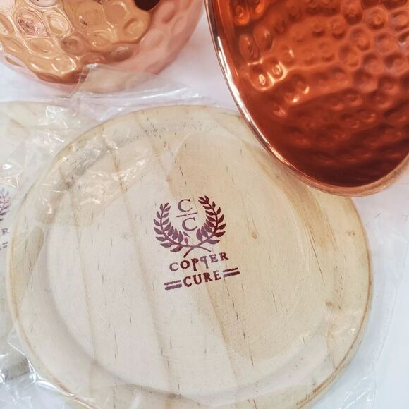 Copper Cure Moscow Mule Mugs Hammered Cup x2 + Straws & Wood Coasters - New! - Picture 2 of 6